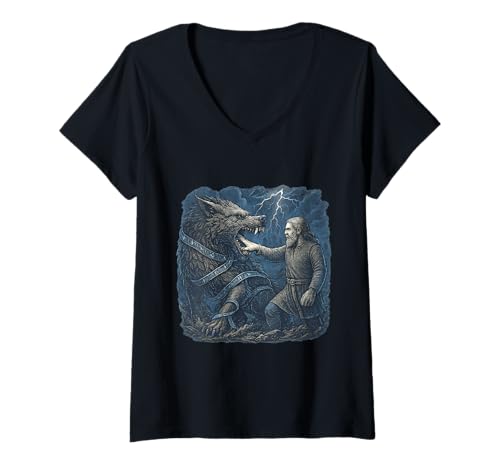 Damen Tyr und Fenrir Fesselung Gleipnir Nordische Mythologie T-Shirt mit V-Ausschnitt Damen Tyr und Fenrir Fesselung Gleipnir Nordische Mythologie T-Shirt mit V-Ausschnitt von Nordische Mythologie Wikinger Symbole & Valhalla