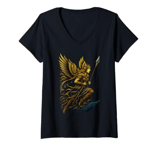 Damen Walküre mit Speer Geflügelter Helm Nordische Valkyrie Viking T-Shirt mit V-Ausschnitt Damen Walküre mit Speer Geflügelter Helm Nordische Valkyrie Viking T-Shirt mit V-Ausschnitt von Nordische Mythologie Wikinger Symbole & Valhalla