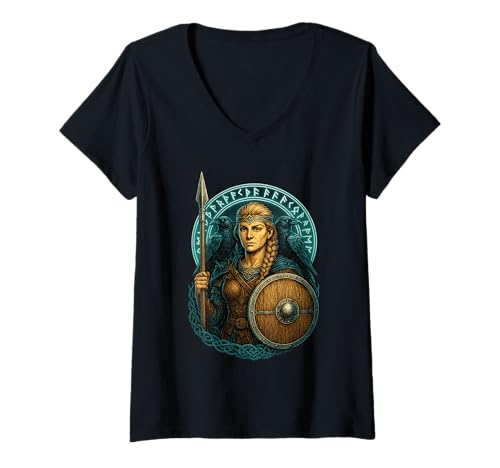 Damen Wikinger Schildmaid Speer Rundschild Hugin Munin Futhark T-Shirt mit V-Ausschnitt Damen Wikinger Schildmaid Speer Rundschild Hugin Munin Futhark T-Shirt mit V-Ausschnitt von Nordische Mythologie Wikinger Symbole & Valhalla