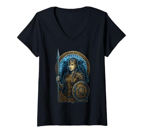 Damen Wikinger Schildmaid Speer Rundschild Hugin Munin Futhark T-Shirt mit V-Ausschnitt Damen Wikinger Schildmaid Speer Rundschild Hugin Munin Futhark T-Shirt mit V-Ausschnitt von Nordische Mythologie Wikinger Symbole & Valhalla