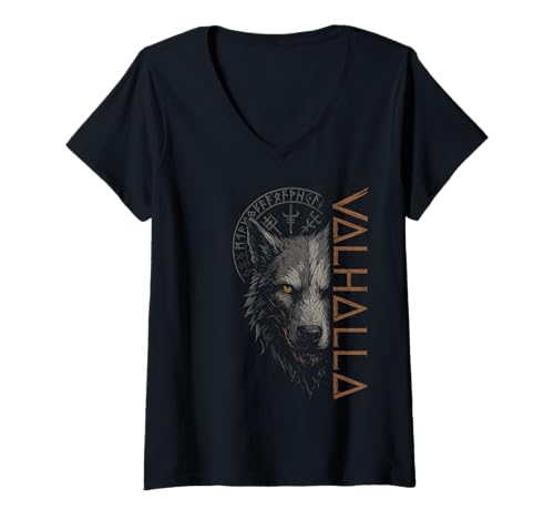 Damen Walhalla Wolf Nordischer Kompass Odin Runen Viking Vegvisir T-Shirt mit V-Ausschnitt Damen Walhalla Wolf Nordischer Kompass Odin Runen Viking Vegvisir T-Shirt mit V-Ausschnitt von Nordische Wikinger Designs
