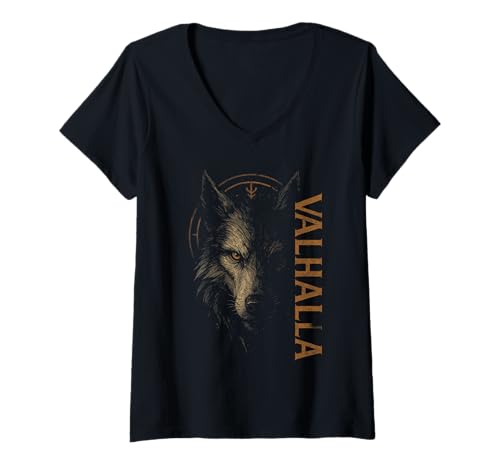 Damen Walhalla Wolf Nordischer Kompass Odin Runen Wikinger T-Shirt mit V-Ausschnitt von Nordische Wikinger Designs