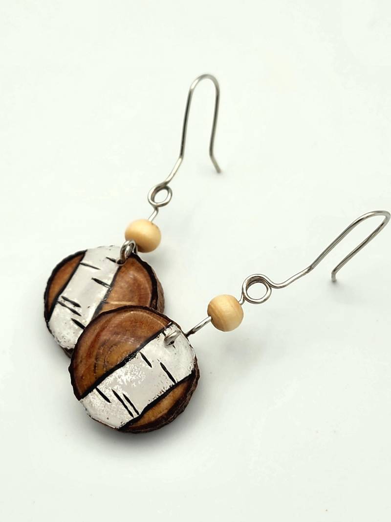 Ohrringe - Holz Gebrannt Mit Weißen Birken von Nordporium