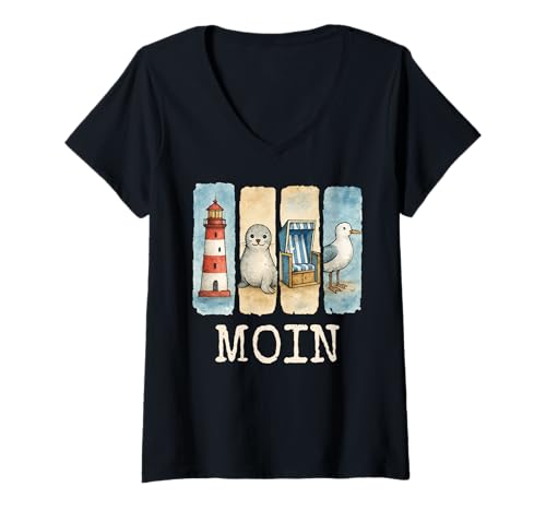 Damen Moin Leuchtturm Robbe Strandkorb Möwe T-Shirt mit V-Ausschnitt Damen Moin Leuchtturm Robbe Strandkorb Möwe T-Shirt mit V-Ausschnitt von Nordsee Leuchtturm Robbe Möwe Strandkorb