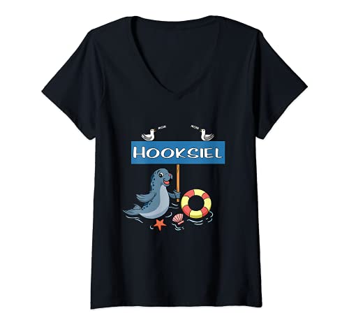 Damen Moin Moin - Badeort Hooksiel T-Shirt mit V-Ausschnitt von Nordsee Urlaub in Hooksiel