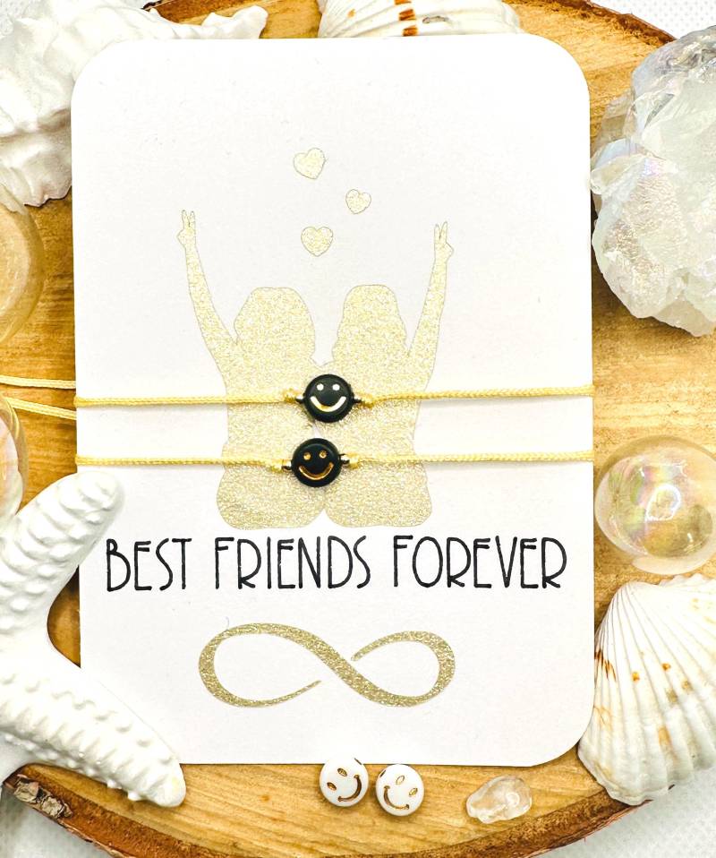 Freundschaftsarmband Set - 2 Makramee Armbänder Mit Schwarz-Gold Smiley Perlen Geschenk Für Beste Freundinnen, Glücksarmband Freundschaftsarmband Set - 2 Makramee Armbänder Mit Schwarz-Gold Smiley Perlen Geschenk Für Beste Freundinnen, Glücksarmband von NordseePerlen2022