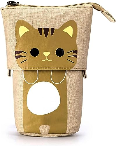 Norhogo 2-in-1 Cartoon Katze Schlampermäppchen Einziehbares Ständer Bleistifthalter Teenager, Cartoon Süß Katze Teleskop Bleistift, für Mädchen Jungen Teen Geschenk (Khaki) von Norhogo