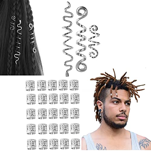 Norhogo 28 Stück Dreadlocks Schmuck Zubehör, Haarspiralen Dreadlocks, Perlen Dreadlocks Perlen Haarschmuck Braids Haar Dreadlocks Zubehör für Frauen Männer Zöpfe Dekorationen (Silver) von Norhogo