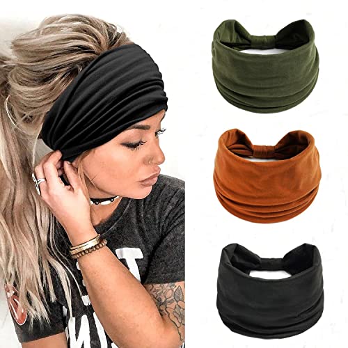 Norhogo 3 Stück Einfarbig Sport Yoga Kopfwickel Haarbänder Elastische Haarbänder,Breite Stirnbänder, Elastisches Damen-Haarband, Rutschfest, Kopftuch, Haarschmuck für Frauen und Mädchen von Norhogo