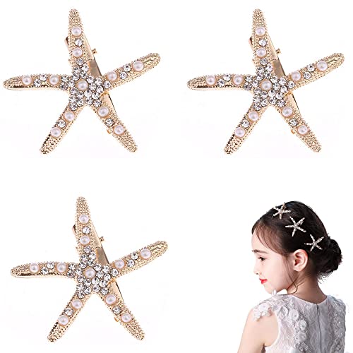 Norhogo 3 Stück Seestern Haarspangen Mädchen Blumenmädchen-Zubehör Starfish Hair Clips Girls Flower Girl Accessoires für Hochzeit, Diamant Haarspange Haarnadel(golden) von Norhogo