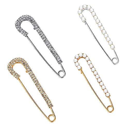 Norhogo 4 Stück Brosche, Sicherheitsnadel Perlen, Faux Kristall schleppennadel, Damen Brosche Nadel Pullover Schal Clips, Groß Broschennadeln Perlen für Damen, 2 Stilen Gold und Silber von Norhogo
