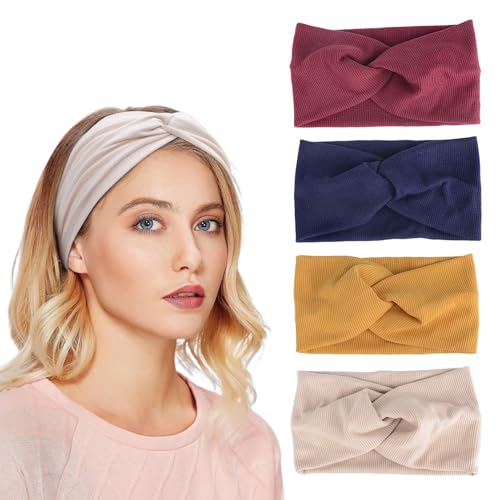 Norhogo 4 Stück Sommer Elastische Stirnbänder, stirnband damen, Haarreif Elastisch Breites Stirnband Baumwollkreuz Stirnband Knoten Sport Headwrap Headband Yoga Haarschmuck für Damen Mädchen (Stil-b) von Norhogo