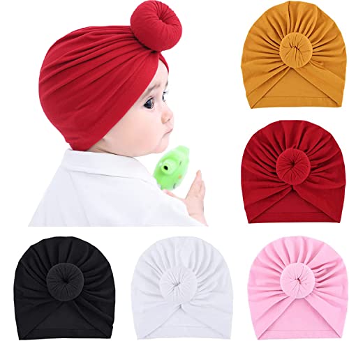 Norhogo 5 Stück Baby Mädchen Turban Mützen, Neugeborenes Kleinkind Kopfbedeckung Stirnband, Knoten Weiche Baumwolle Elastisch für Kleinkinder Mädchen von 3 bis 24 Monaten von Norhogo