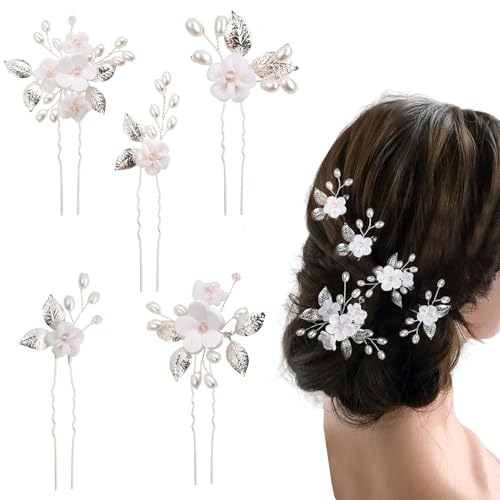 Norhogo 5 Stück Braut Hochzeit Blume Haarnadeln, Hochzeit Haarnadeln, Haarnadeln Perle Brautschmuck Hochzeit Haarschmuck Silber, für Frauen und Mädchen Silber von Norhogo