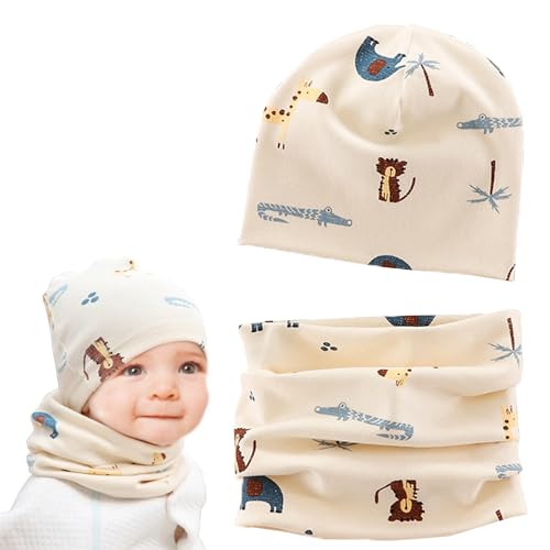 Norhogo Baby Kinder Baumwolle Mütze Schal Set, Wintermütze für Jungen Mädchen Baumwolle, Beanie Hüte + Schlauchschal, Baby Schals Winter Loop Schal Junge Und Mädchen (M,Beige Elefant) von Norhogo