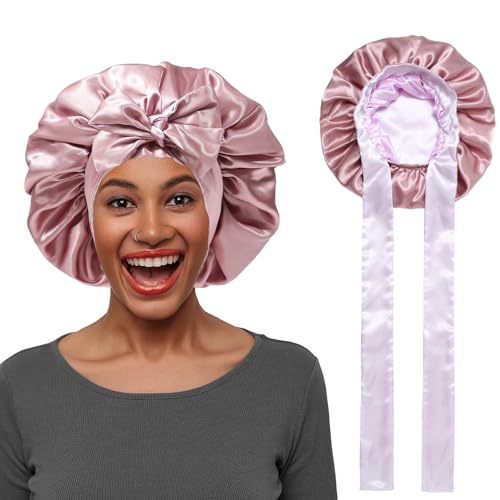 Norhogo Doppelseitig Satin Seidenhaube Zum Schlafen Schlafhaube Haare, Verstellbare Schlafhaube Seide Nachtmütze Bonnet, Elastizität Haare schützen Satin für Damen Mädchen (Rosa) von Norhogo