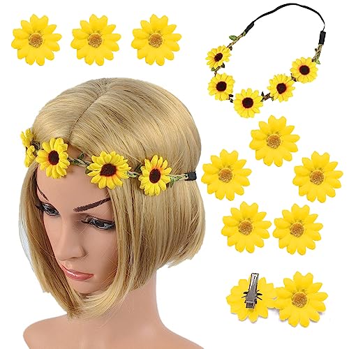 Norhogo Haarband Blumen Mädchen, Blumen Haarband Sonnenblumen Stirnband mit 10 Haarspangen Gänsenblümchen Haarschmuck, für Mädchen Damen Frauen Kinder Hochzeit Reisen Party (Gelb) von Norhogo