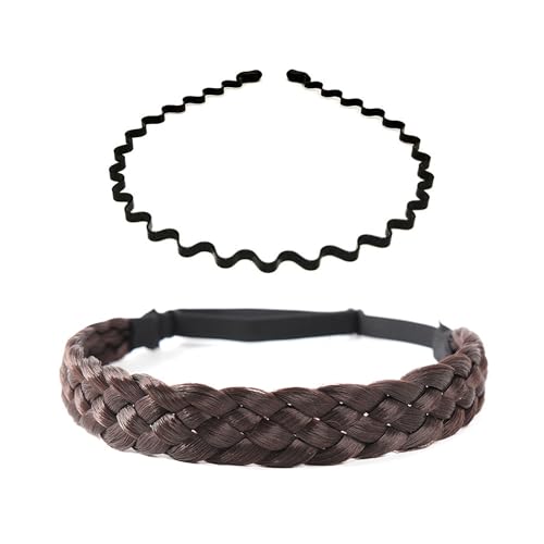 Norhogo Haarband Geflochten Haargummi, Extensions Haar geflochtene Haarverlängerung Stirnband, Damen haarreifen 5 Stränge, haarbänder damen für Hochzeit Vintage mit Wellen-Haarspange (Dunkelbraun) von Norhogo