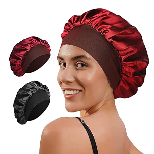 Norhogo Schlafmütze Satin Bonnet, 2 Stück Atmungsaktive Schlafkappe Nachtmütze, Schlafhaube Seide mit Gummizug für Damen und Mädchen, mit Zwei zusätzliche Shampoo-Kappen (Schwarz, Rot) von Norhogo