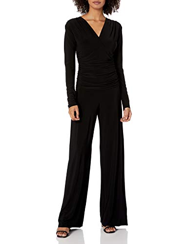 Norma Kamali Damen Jumpsuit mit V-Ausschnitt, langärmelig, Geraffte Taille, schwarz, Groß von Norma Kamali