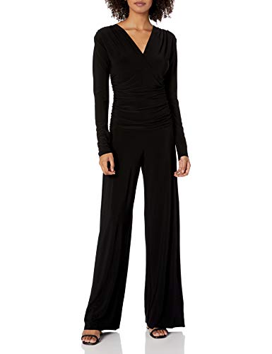 Norma Kamali Damen Jumpsuit mit V-Ausschnitt, langärmelig, Geraffte Taille, schwarz, Mittel von Norma Kamali