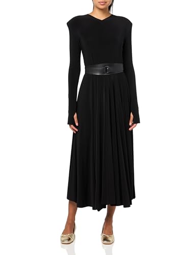 Norma Kamali Damen Ls Shoulder Pad V Neck Flared Dress to Midcalf Kleid, Schwarz, Groß von Norma Kamali