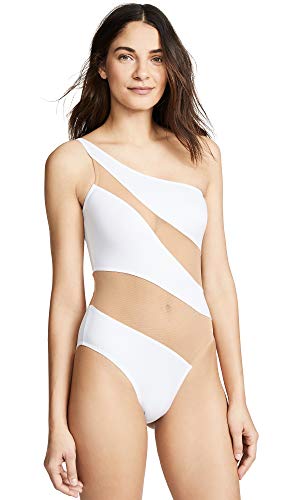Norma Kamali Damen Snake Mesh Mio Einteiliger Badeanzug, Weiß mit hautfarbenem Netz, X-Small von Norma Kamali