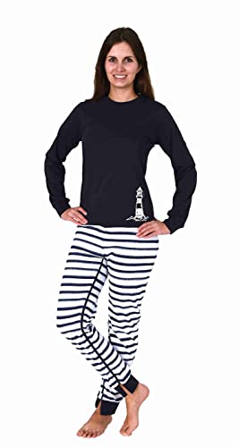 Normann Care Maritimer Damen Pflegeoverall Langarm Schlafanzug mit Reissverschluss am Rücken und Bein, Farbe:Navy, Größe:S von Normann Care