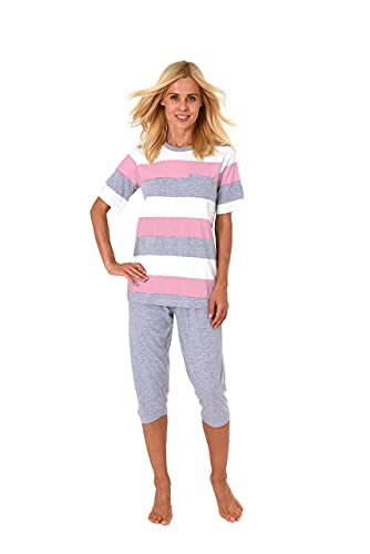 Normann Germany Damen Capri Pyjama mit Rundhals, Blockstreifen, Uni Hose, Rosa, 66848. Gr. M 40/42 von Normann Germany