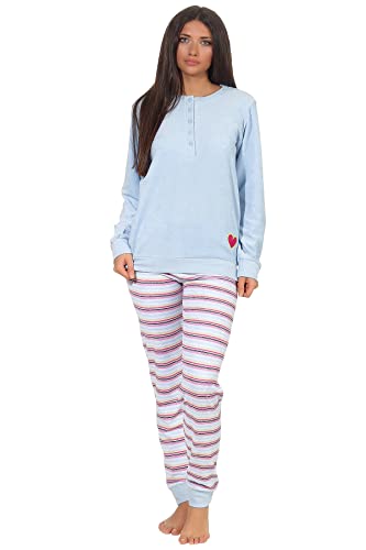 Normann Germany Damen Frottee Pyjama mit Knopfleiste Herz, Ringel Hose, Hellblau, 62483, Gr. L 44/46 von Normann Germany