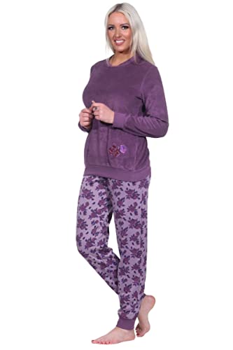 Normann Germany Damen Frottee Pyjama mit Rundhals, Uni Oberteil Rose, Hose Rosen-Allover, Beere, 69941, Gr. M 40/42 von Normann Germany