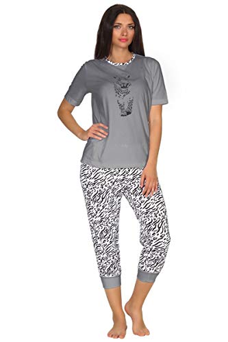 Normann Germany Damen Pyjama, Rundhals, Uni mit Motiv, Capri-Hose Allover, Grau, 65163, Gr. M 40/42 von Normann Germany