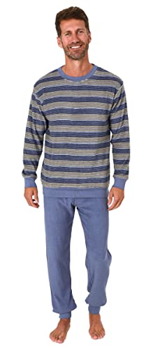 Normann Germany Relax Herren Frottee Pyjama mit Rundhals, Streifen, Uni Hose, Blau/Gelb, 69365, Gr. 56 von Normann Germany