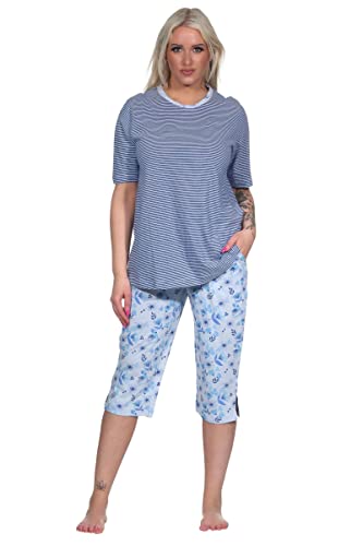 Normann Germany Ü Damen Capri Pyjama mit Rundhals, Ringel OT, ¾ Hose Blumen-Allover, Hellblau, 69089, Gr. XXL 52/54 von Normann Germany