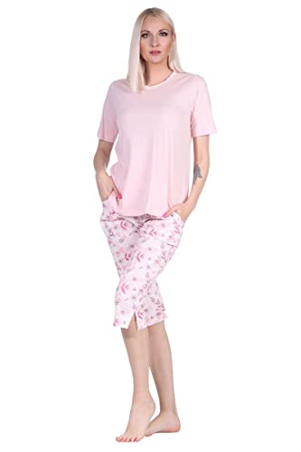 Normann Germany Ü Damen Capri Pyjama mit Rundhals, Ringel OT, ¾ Hose Blumen-Allover, Rosa, 69089, Gr. XXL 52/54 von Normann Germany