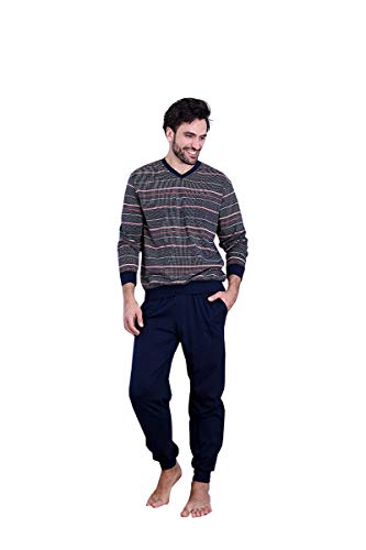 Normann Germany Übergrößen Herren Pyjama mit V-Hals, Langarm, Allover, Marine/Rot, 63911, Gr. 64 von Normann Germany