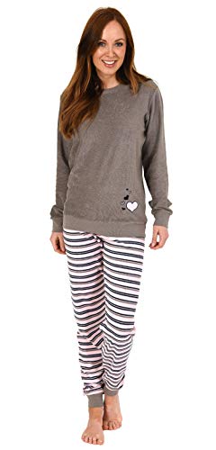 Eleganter Damen Frottee Pyjama Schlafanzug mit Bündchen und Herz Motiv - 291 201 13 570, Farbe:grau, Größe2:48/50 von Normann