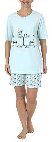 Lässiger Damen Shorty Pyjama Schlafanzug Kurzarm mit verspielten Motiv Lässiger Damen Shorty Pyjama Schlafanzug Kurzarm mit verspielten Motiv 64752, Farbe:hellblau, Größe2:40/42 von Normann
