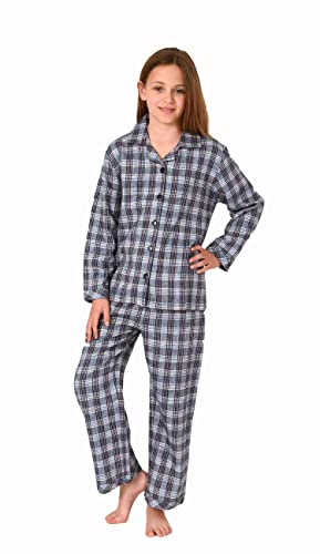 Mädchen Langarm Flanell Schlafanzug Pyjama in Karo Optik zum durchknöpfen, Farbe:grau, Größe:128 von Normann