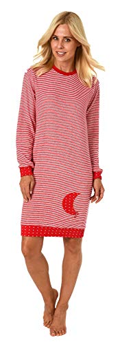 Damen Frottee Nachthemd mit Bündchen Sterne Tupfendesign - auch in Übergrössen bis 60/62, Größe2:44/46, Farbe:Ringel rot von NORMANN-Wäschefabrik