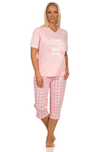 NORMANN-Wäschefabrik Damen Kurzarm Capri Pyjama mit Karierter Jersey Hose - auch in Übergrössen erhältlich, Farbe:rosa, Größe:60-62 von Normann