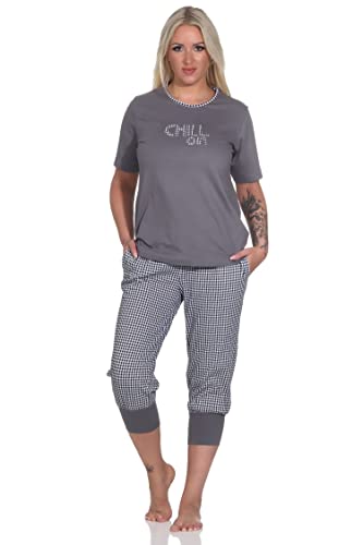 Normann Damen Capri Schlafanzug Kurzarm, Hose im Pepita-Look, Top mit Frontprint, Farbe:grau, Größe:40-42 von Normann