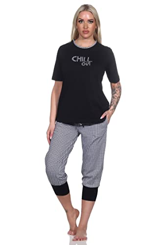 Normann Damen Capri Schlafanzug Kurzarm, Hose im Pepita-Look, Top mit Frontprint, Farbe:schwarz, Größe:40-42 von Normann