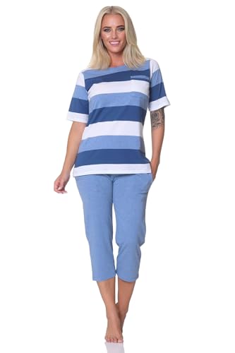 Normann Damen Capri Schlafanzug Kurzarm in Blockstreifenoptik - auch in Übergrössen, Farbe:blau-Mel., Größe:40-42 von Normann