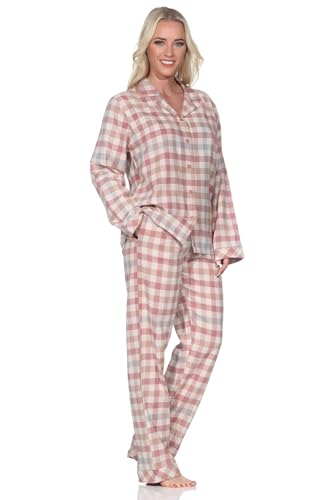 Normann Damen Flanell Schlafanzug Langarm Pyjama mit Knopfleiste in Karo-Optik, Farbe:Altrose, Größe:40-42 von Normann