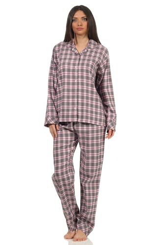 Normann Damen Flanell Schlafanzug lang Pyjama mit Knopfleiste und Hemdkragen, Farbe:rosa, Größe:44-46 von Normann