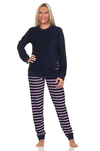 Normann Damen Frottee Langarm Schlafanzug mit Bündchen - auch in Übergrössen, Farbe:marine1, Größe:44-46 von Normann