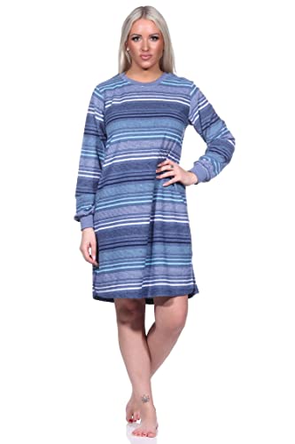 Damen Frottee Nachthemd Langarm mit Bündchen in Streifendesign - auch in Übergrössen, Farbe:blau-Melange, Größe:40/42 von Normann