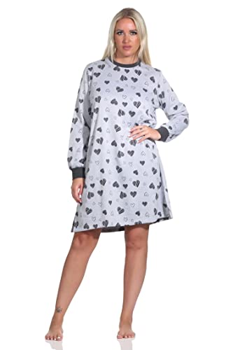 Damen Frottee Nachthemd Langarm mit Bündchen in toller Herz Optik - auch in Übergröße, Farbe:grau-Melange, Größe:60/62 von Normann