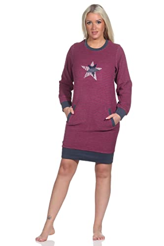 Normann Damen Frottee Nachthemd mit Bündchen in Streifenoptik + Sternenmotiv - auch in Übergrössen, Farbe:Beere, Größe:44/46 von Normann